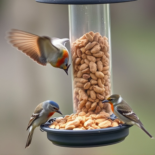 Birds eating peanuts from feeder