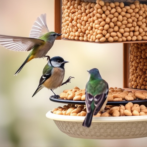 Birds eating peanuts from feeder