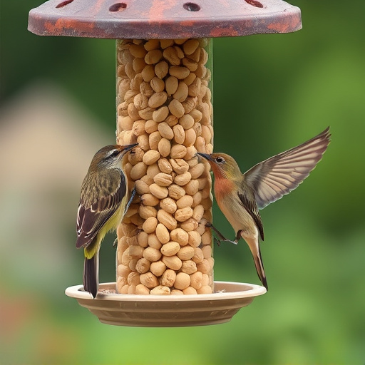 Birds eating peanuts from feeder