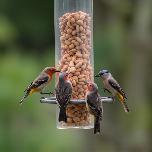 Birds eating peanuts from feeder