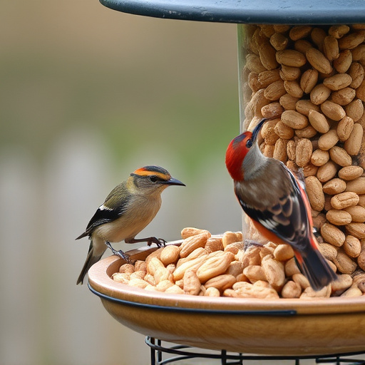 Birds eating peanuts from feeder