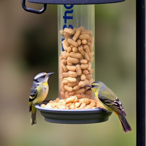 Birds eating peanuts from feeder