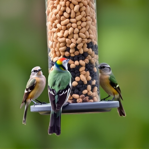Birds eating peanuts from feeder