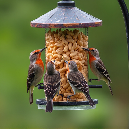 Birds eating peanuts from feeder