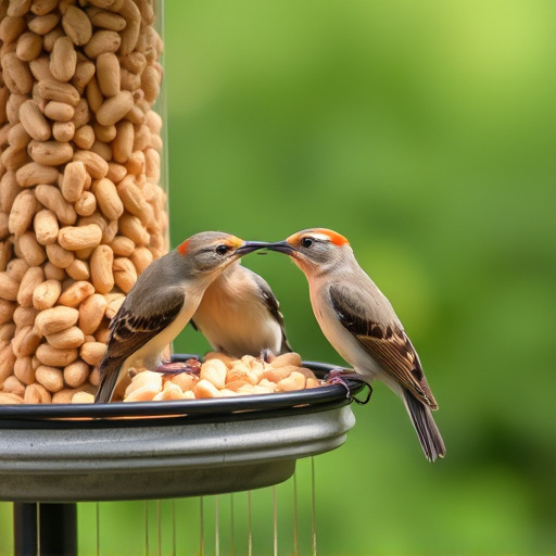 Birds eating peanuts from feeder
