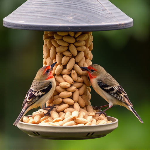 Birds eating peanuts from feeder