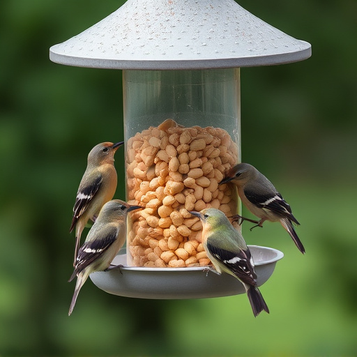 Birds eating peanuts from feeder
