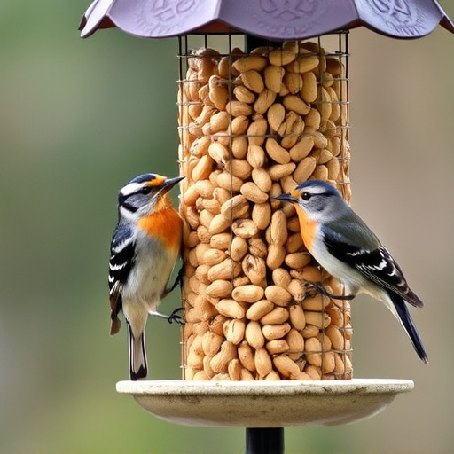 Birds eating peanuts from feeder