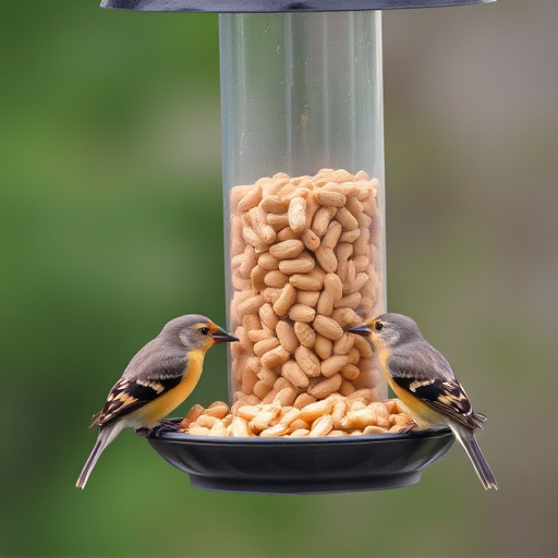Birds eating peanuts from feeder