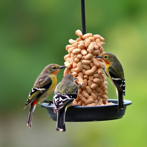 Birds eating peanuts from feeder