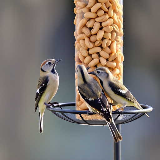 Birds eating peanuts from feeder