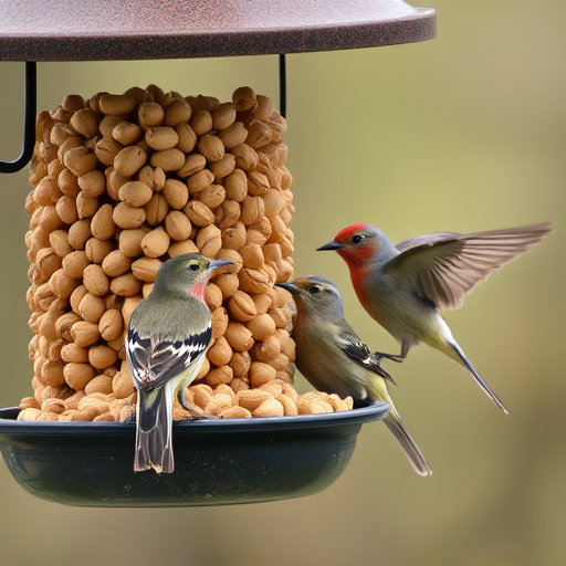 Birds eating peanuts from feeder