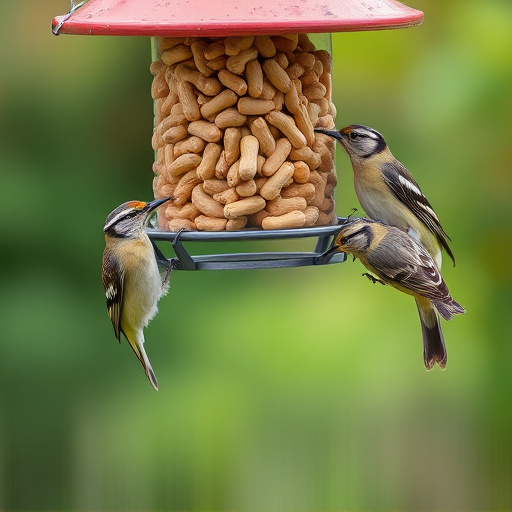 Birds eating peanuts from feeder