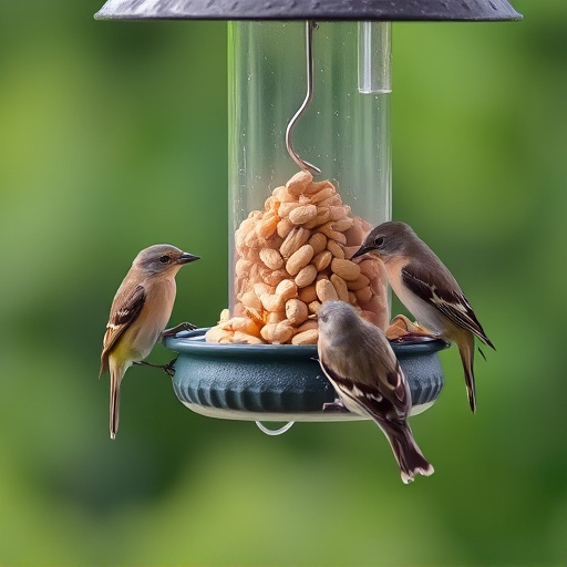 Birds eating peanuts from feeder