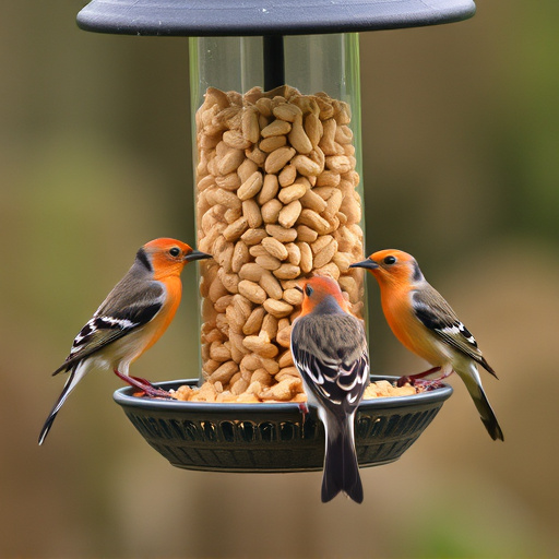 Birds eating peanuts from feeder
