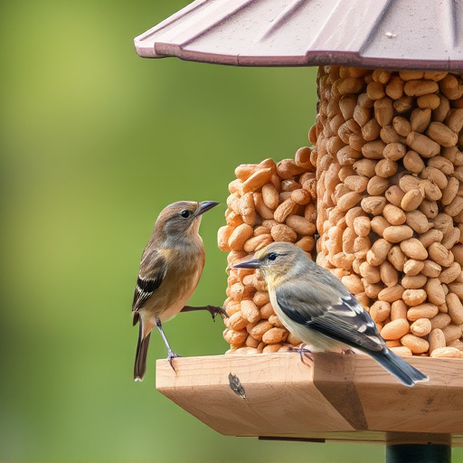 Birds eating peanuts from feeder