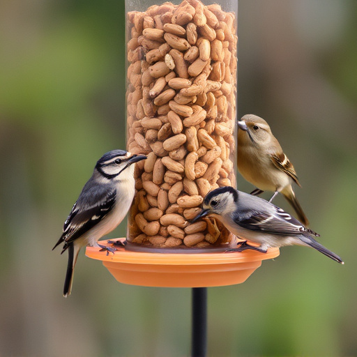 Birds eating peanuts from feeder