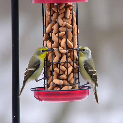 Birds eating peanuts from feeder