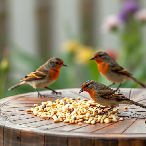 Birds eating seeds from garden table