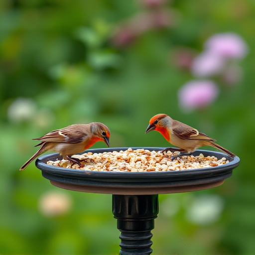 Birds eating seeds from garden table