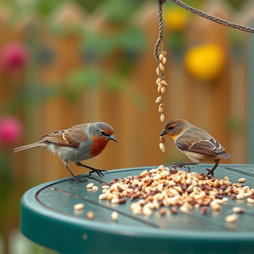 Birds eating seeds from garden table