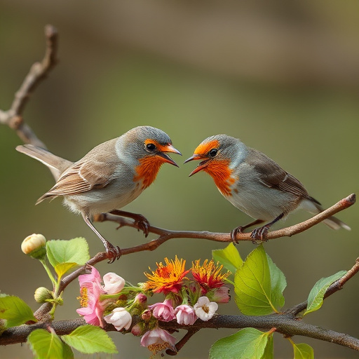 Birds eating soft insects in spring