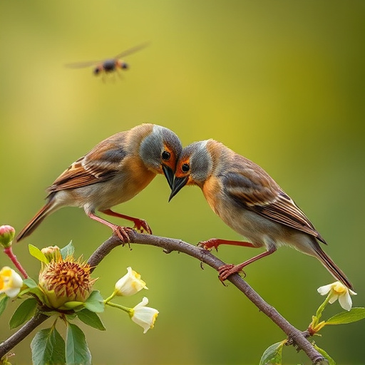 Birds eating soft insects in spring