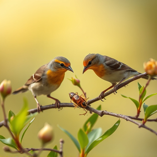 Birds eating soft insects in spring
