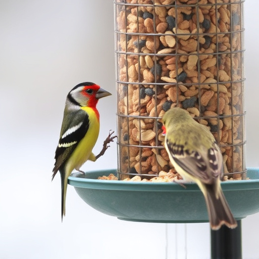Birds eating tidy feeder seed blend