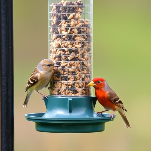 Birds eating tidy feeder seed blend