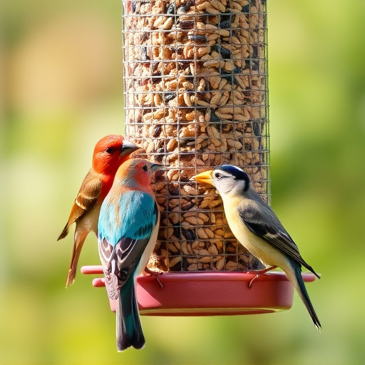 Birds eating tidy feeder seed blend