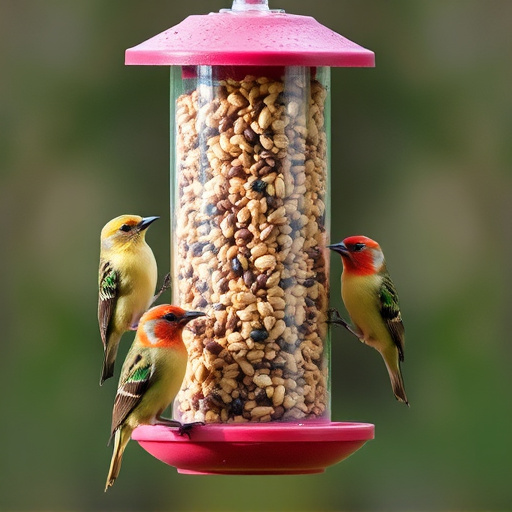 Birds eating tidy feeder seed blend