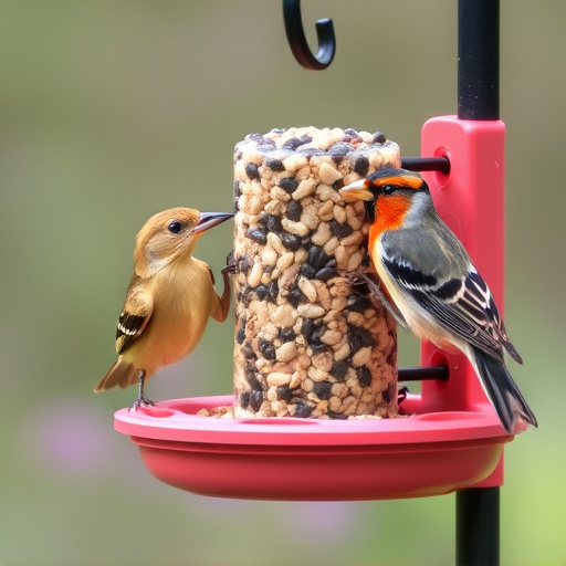 Birds eating tidy feeder seed blend