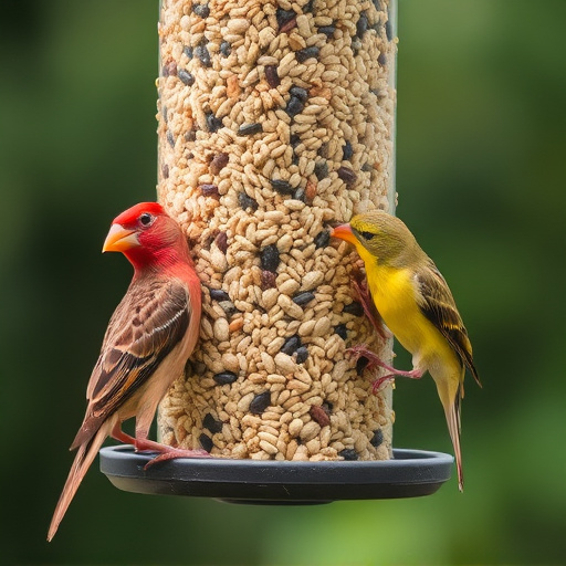 Birds eating wheat-free seed mix