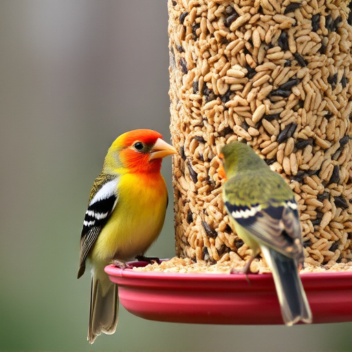 Birds eating wheat-free seed mix