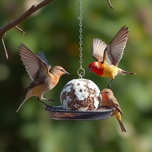 Birds enjoying suet balls outdoors