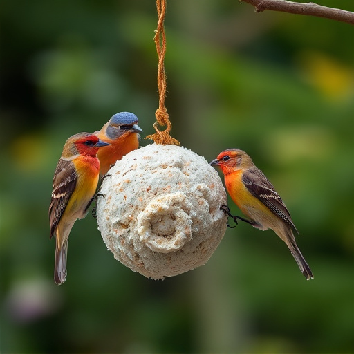 Birds enjoying suet balls outdoors