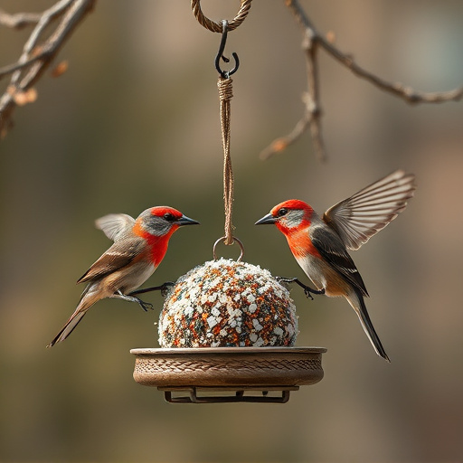 Birds enjoying suet balls outdoors