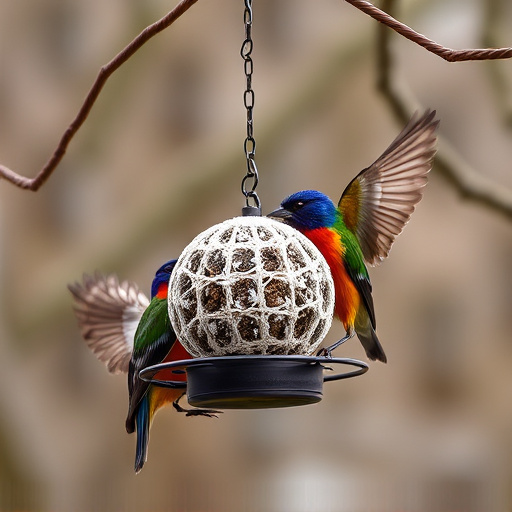Birds enjoying suet balls outdoors