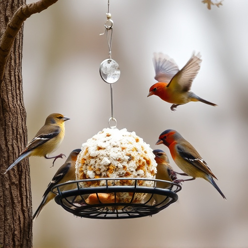 Birds enjoying suet balls outdoors
