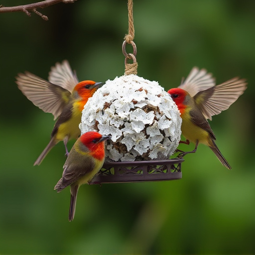 Birds enjoying suet balls outdoors
