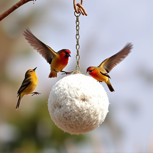 Birds enjoying suet balls outdoors