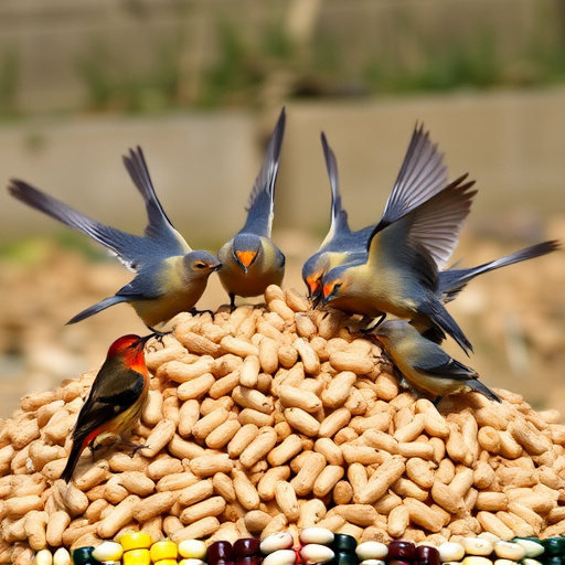 Birds feeding from abundant peanut pile
