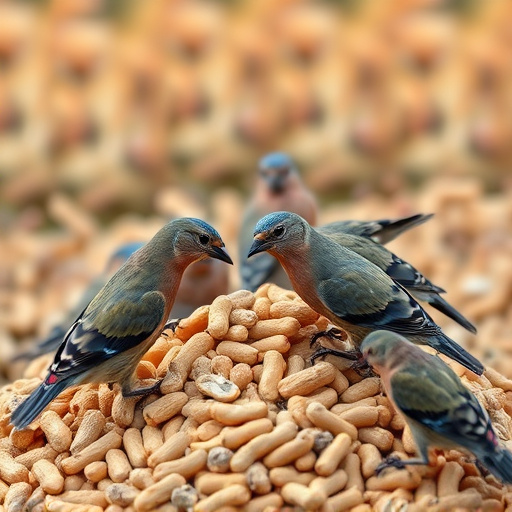 Birds feeding from abundant peanut pile