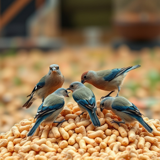 Birds feeding from abundant peanut pile
