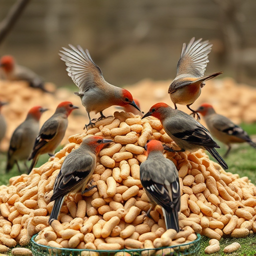 Birds feeding from abundant peanut pile