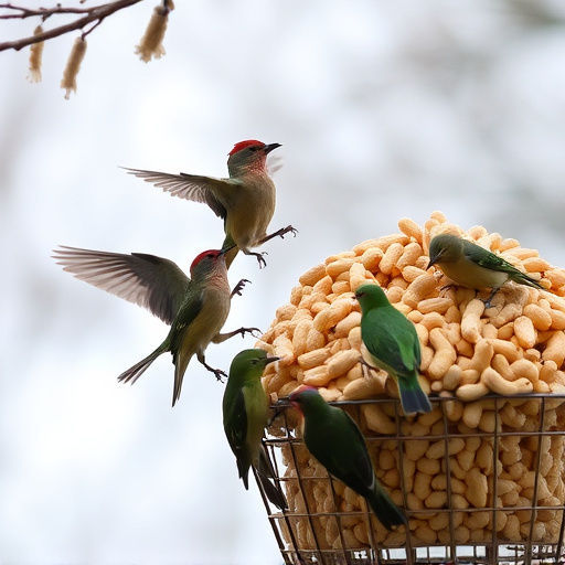 Birds feeding from abundant peanut pile