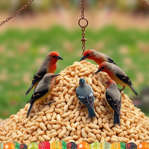 Birds feeding from abundant peanut pile