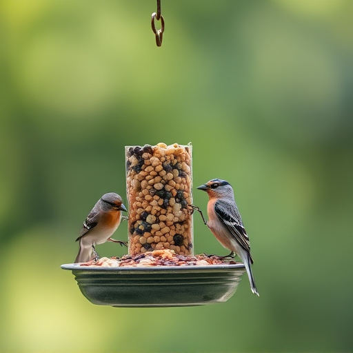 Birds feeding from hanging seed feeder
