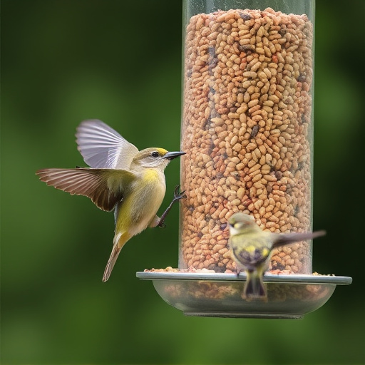 Birds feeding from hanging seed feeder